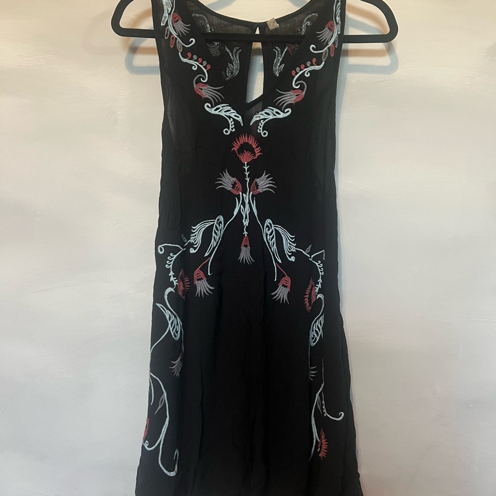 Free People Adelaide Festival Slip Dress Black Embroidered V-Neck Tassel